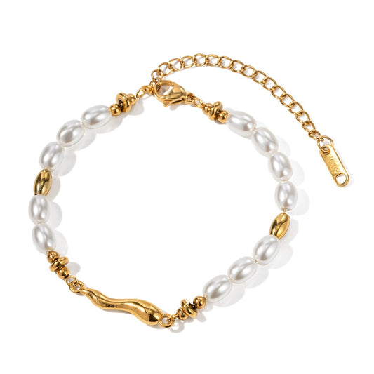 European and American new fashion style 18k stainless steel inlaid pearl special-shaped drop casting retro bracelet