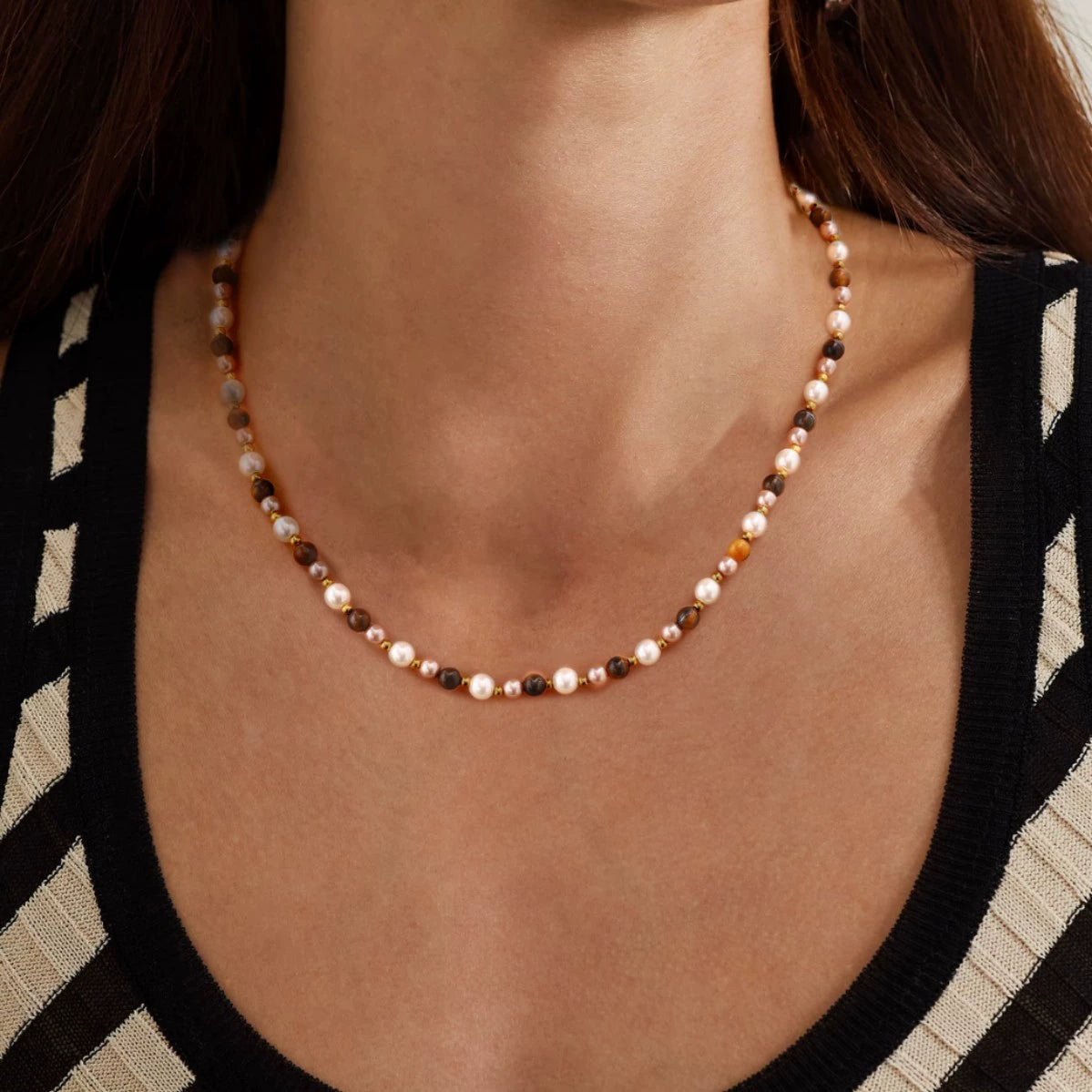 Jieding stainless steel, tiger's eye, pearl necklace, bohemian ins, clavicle chain, niche high-end jewelry