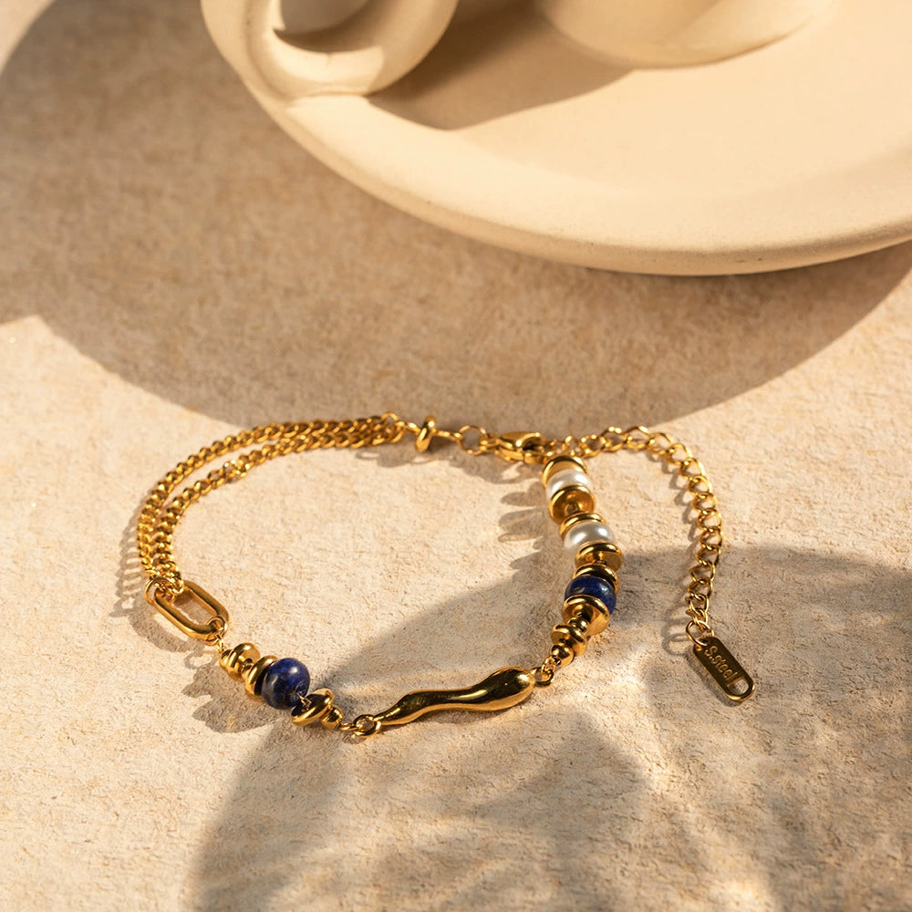 European and American new Internet celebrity style 18k stainless steel inlaid pearls with lapis lazuli drop bracelet jewelry