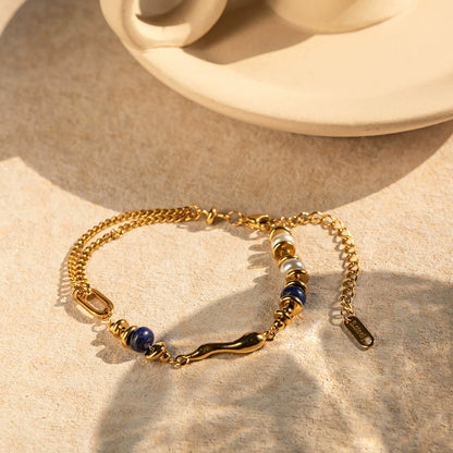 European and American new Internet celebrity style 18k stainless steel inlaid pearls with lapis lazuli drop bracelet jewelry