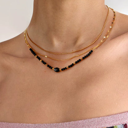 Jieding European and American stainless steel, black crystal, natural stone multi-layer necklace, high-end clavicle chain, light luxury jewelry